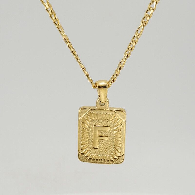 18" Gold Plated Initial Letter Pendant Necklace Stainless Steel Figaro Chain