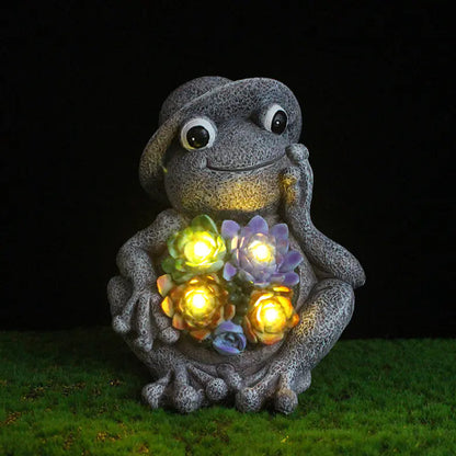 Adorable Frog Garden Statue with Solar LED Lights